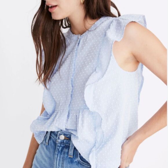 Madewell Tops - Madewell #K8983 Cotton Button Up Swiss-Dotted Ruffle Peplum Top Blue Size Small